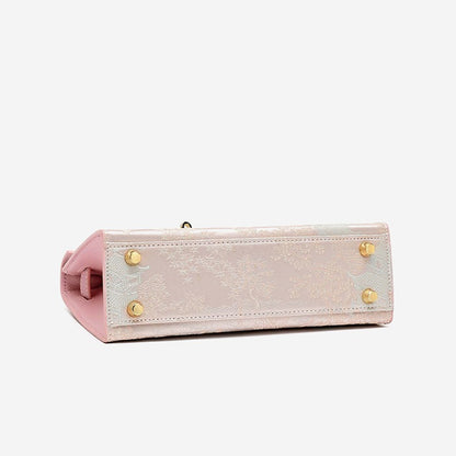 Elegant Oriental Brocade Genuine Leather Kelly Clutch Bag with Charm