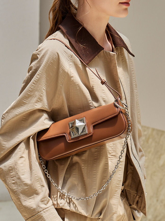 Minimalist Smooth Genuine Leather Silver Buckle Baguette Bag