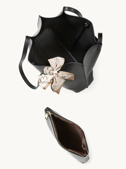 Parisian Chic Genuine Leather Bag - Minimalist Large Tote with Silk Scarf Accent