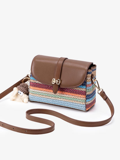 Radiant Rainbow Striped Woven Vegan Eco-Leather Flap Clutch Bag with Lovely Charm