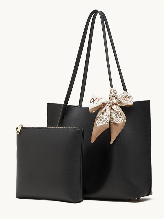 Parisian Chic Genuine Leather Bag - Minimalist Large Tote with Silk Scarf Accent