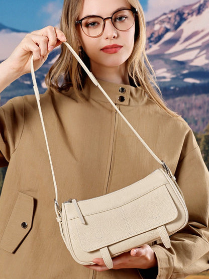 Mellow Pebbled Genuine Leather Flap Baguette Clutch Bag