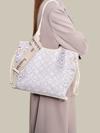 Elegant Oriental Embroidery Vegan Eco-Leather Tote Clutch Bag with Charm