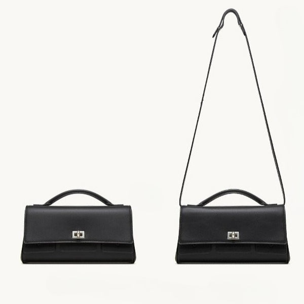 The Linear Turn-Lock Genuine Leather Bag | Minimalist East-West Handbag