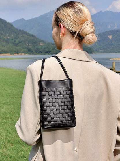 Mellow Sheepskin Leather Mini Woven Phone Clutch Bag