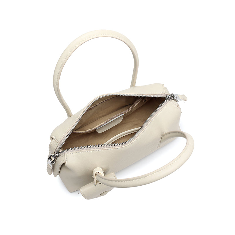 Minimalist Genuine Leather Boston Clutch Bag with Detachable Leather Tag Charm