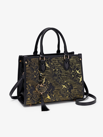 Mystic Crane Motif Vegan Eco-Leather Satchel Clutch Bag