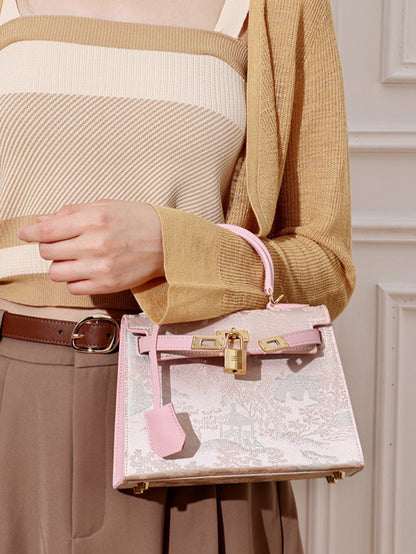Elegant Oriental Brocade Genuine Leather Kelly Clutch Bag with Charm