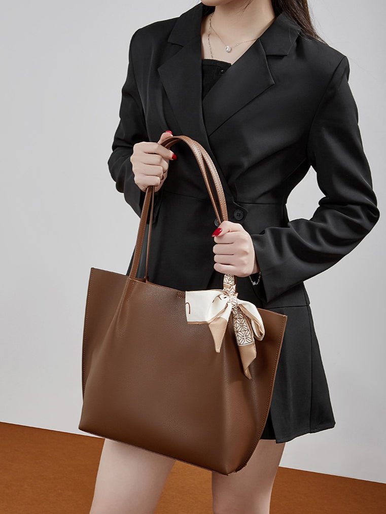 Parisian Chic Genuine Leather Bag - Minimalist Large Tote with Silk Scarf Accent