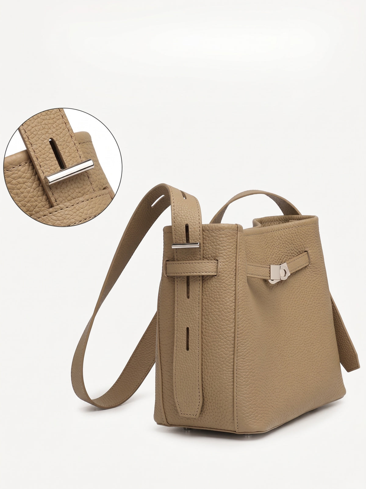 Borsa a secchiello senza tempo in vera pelle con hardware di lusso doppio D lucido