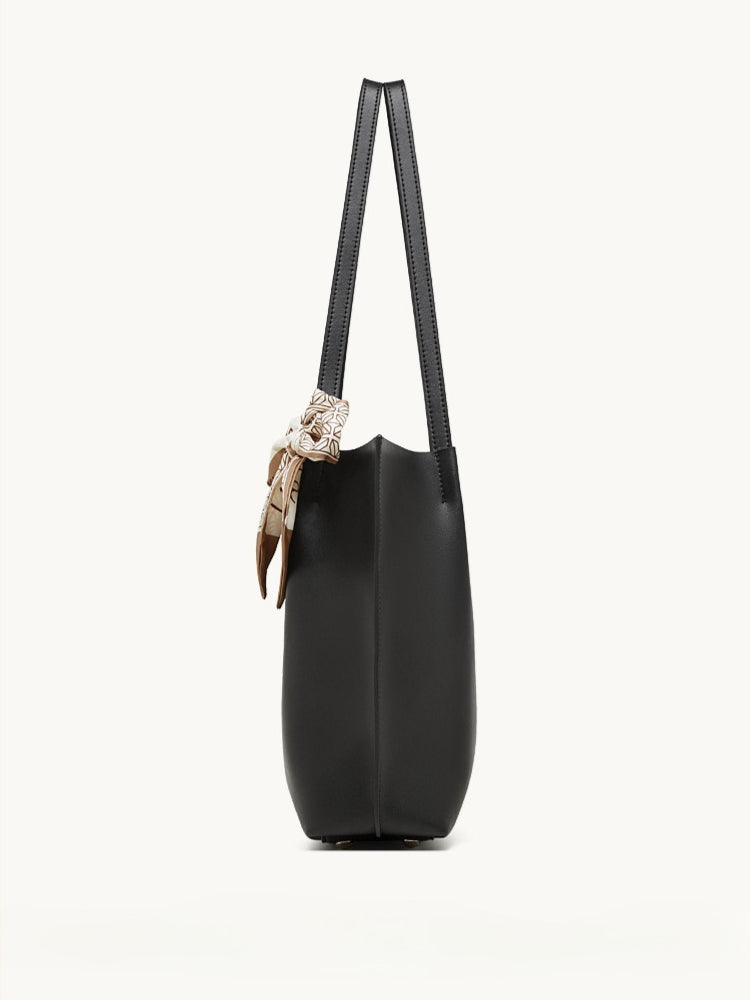 Parisian Chic Genuine Leather Bag - Minimalist Large Tote with Silk Scarf Accent