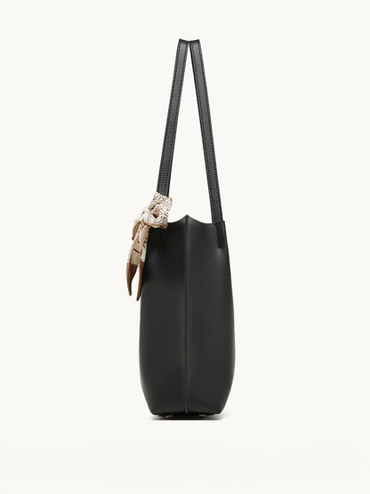 Parisian Chic Genuine Leather Bag - Minimalist Large Tote with Silk Scarf Accent