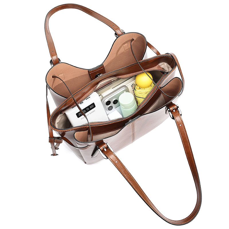 Classic Maillard Genuine Leather Large Capacity Tote Clutch Bag
