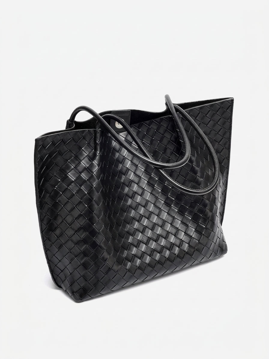 Minimalist Woven Genuine Leather Spacious Tote Clutch Bag