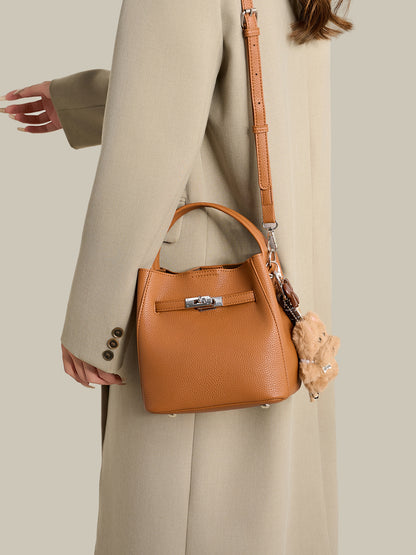Mellow Pebble Textured Vegan Eco-Leather Bucket Bag with Fluffy Puppy Charm