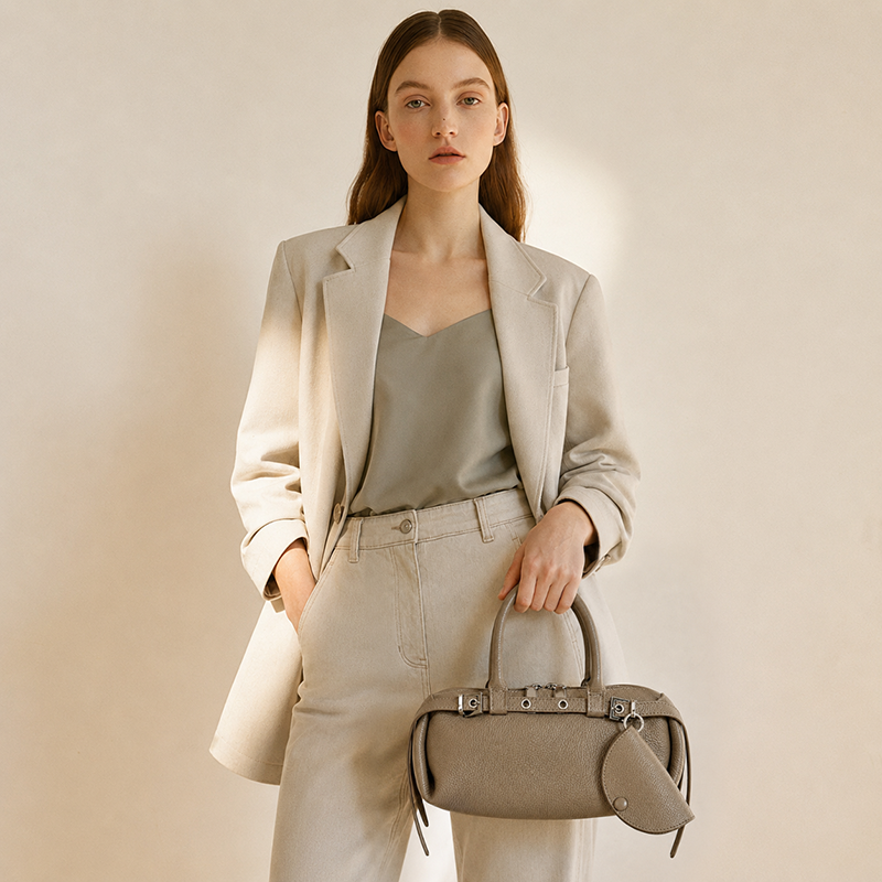Refined Genuine Leather Petite Boston Clutch Bag with Mini Pouch