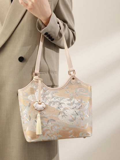 Ethereal Crane Pattern Vegan Eco-Leather Tote Clutch Bag with Tassel Charm
