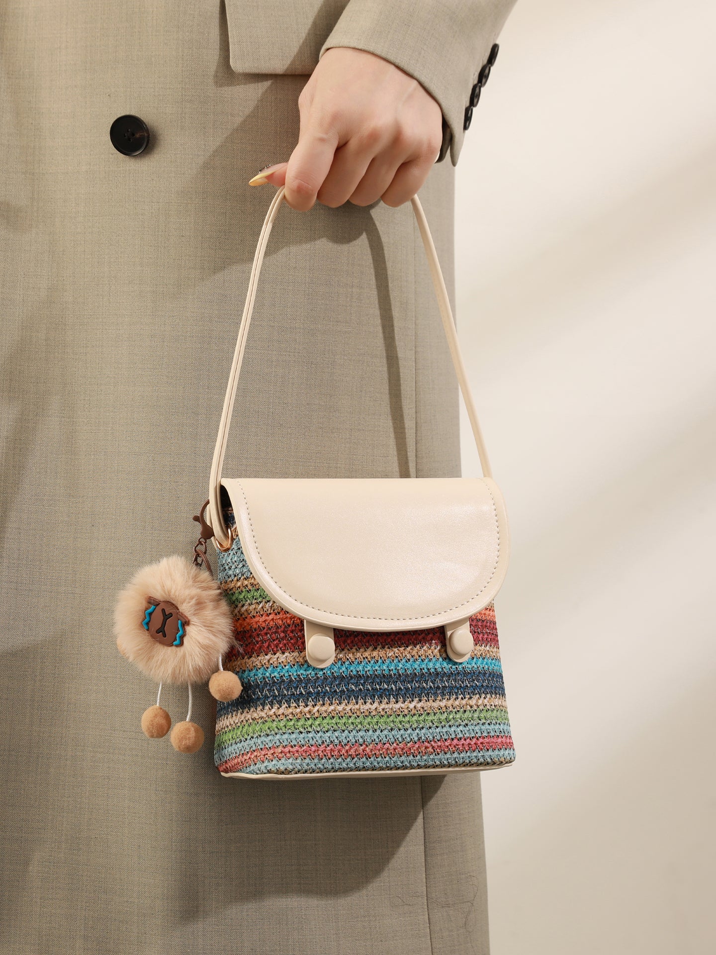 Vibrant Striped Woven Vegan Eco-Leather Compact Clutch Bag with Playful Charm
