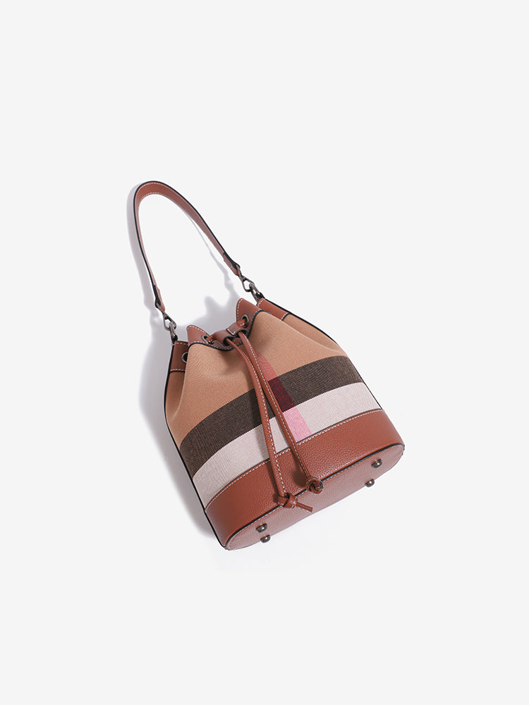 Vintage Plaid Vegan Eco-Leather Bucket Clutch Bag