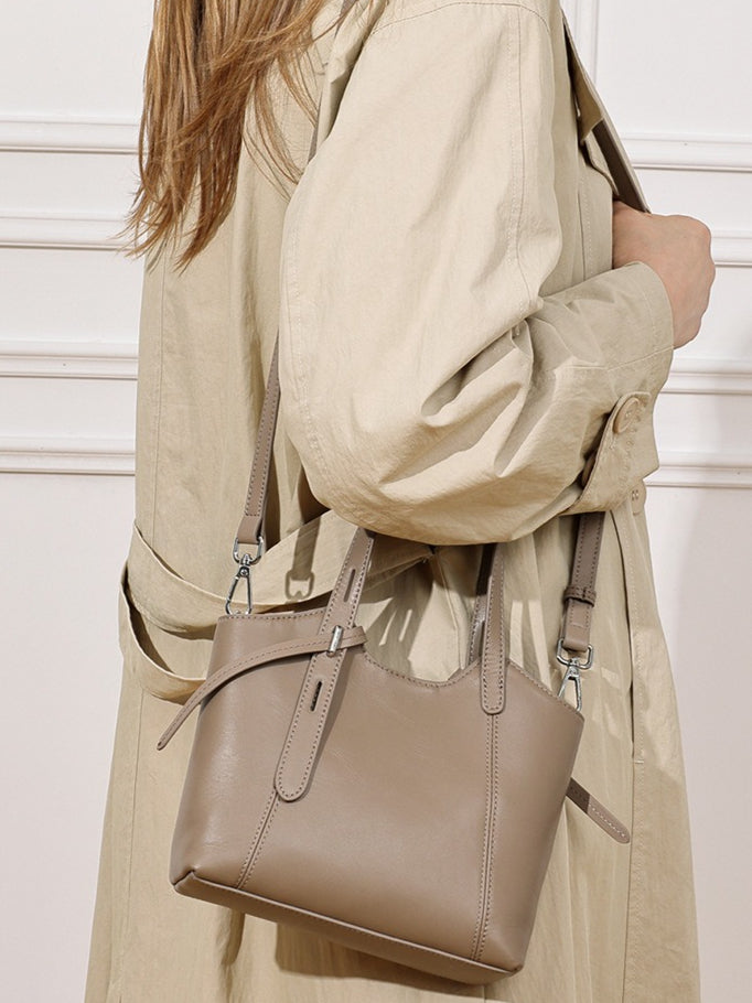 Sleek Genuine Leather Mini Bucket Clutch Bag with Adjustable Straps