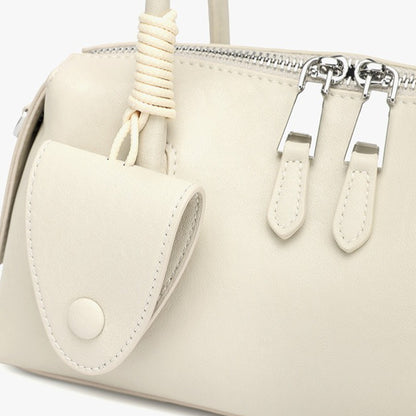 Minimalist Genuine Leather Boston Clutch Bag with Detachable Leather Tag Charm