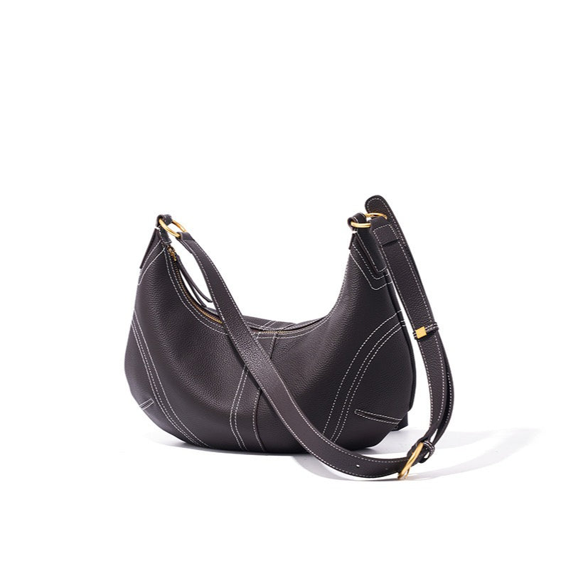 The Pebbled Genuine Leather Hobo Shoulder Bag with Contrast Stitching