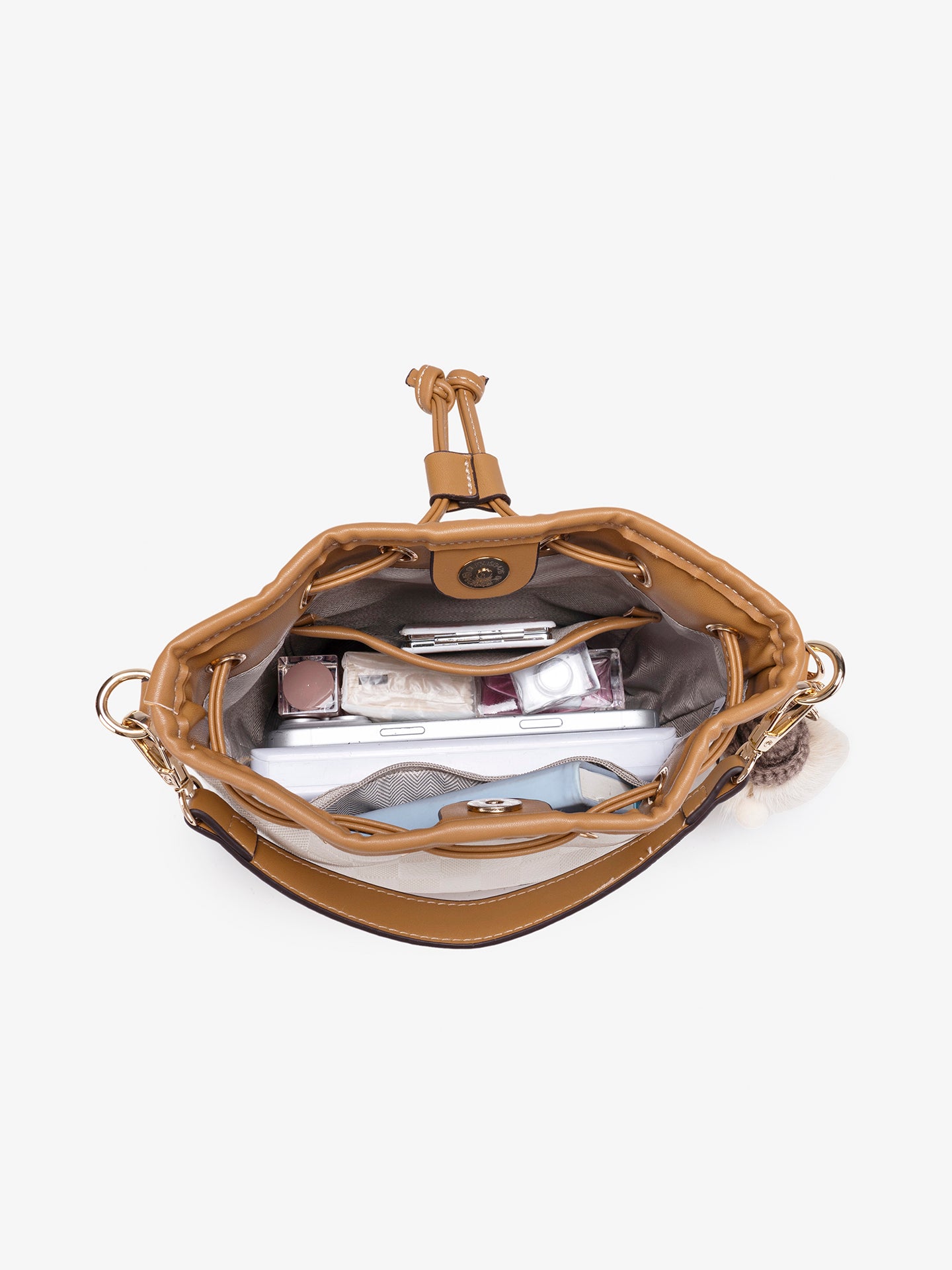 Vintage Checkerboard Vegan Eco-Leather Bucket Clutch Bag with Fluffy Charm