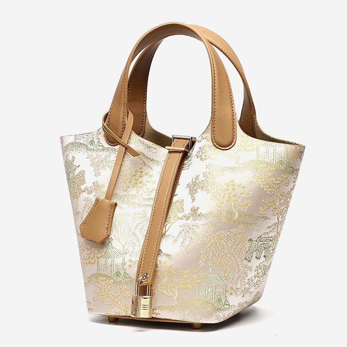 Serene Oriental Garden Genuine Leather Bucket Clutch Bag with Charm