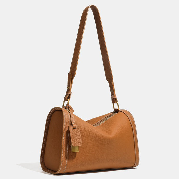 Casual Slouchy Pebbled Genuine Leather Shoulder Boston Bag