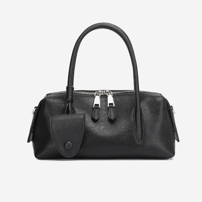 Minimalist Genuine Leather Boston Clutch Bag with Detachable Leather Tag Charm