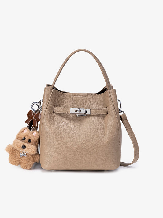 Mellow Pebble Textured Vegan Eco-Leather Bucket Bag with Fluffy Puppy Charm