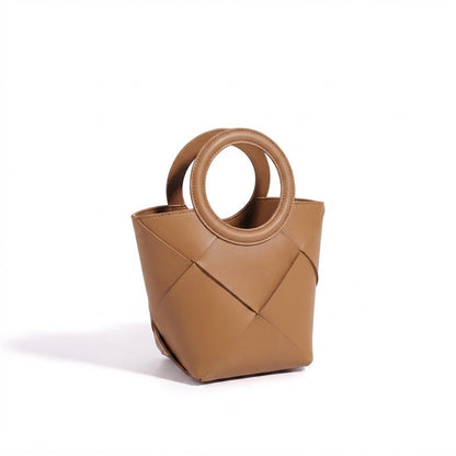 Refined Geometric Woven Genuine Leather Mini Bucket Clutch Bag