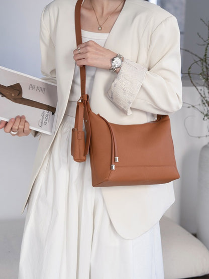 The Ethereal Slouchy Genuine Leather Bag - Minimalist Pebbled Hobo with Mini Pouch