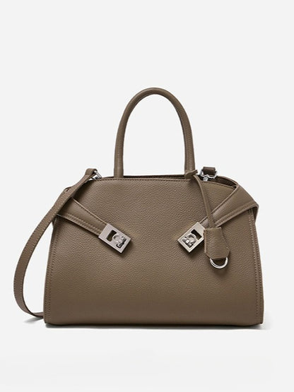 Luxury Retro Genuine Leather Lychee Pattern Double Buckle Tote Crossbody Bag