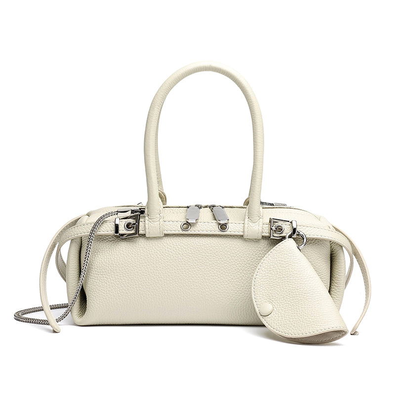 Refined Genuine Leather Petite Boston Clutch Bag with Mini Pouch