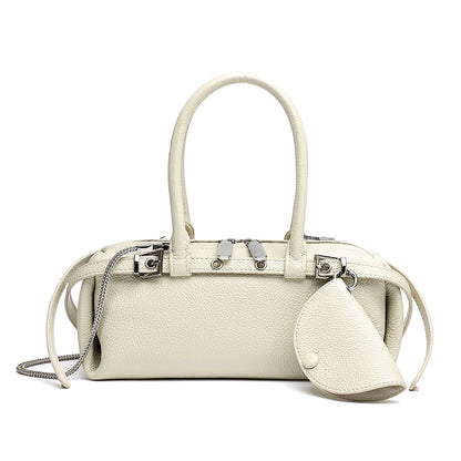 Refined Genuine Leather Petite Boston Clutch Bag with Mini Pouch