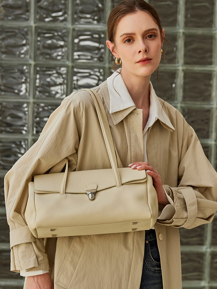 Sleek Pebbled Grain Texture Flap Genuine Leather Tote Clutch Bag