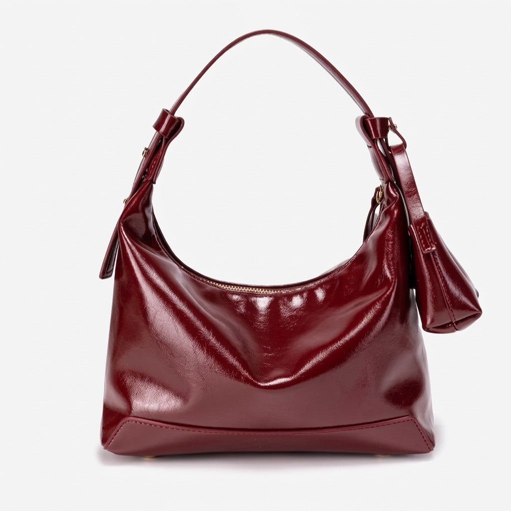 Retro glänzende Hobo Bag aus veganem Öko-Leder mit Mini-Tasche  