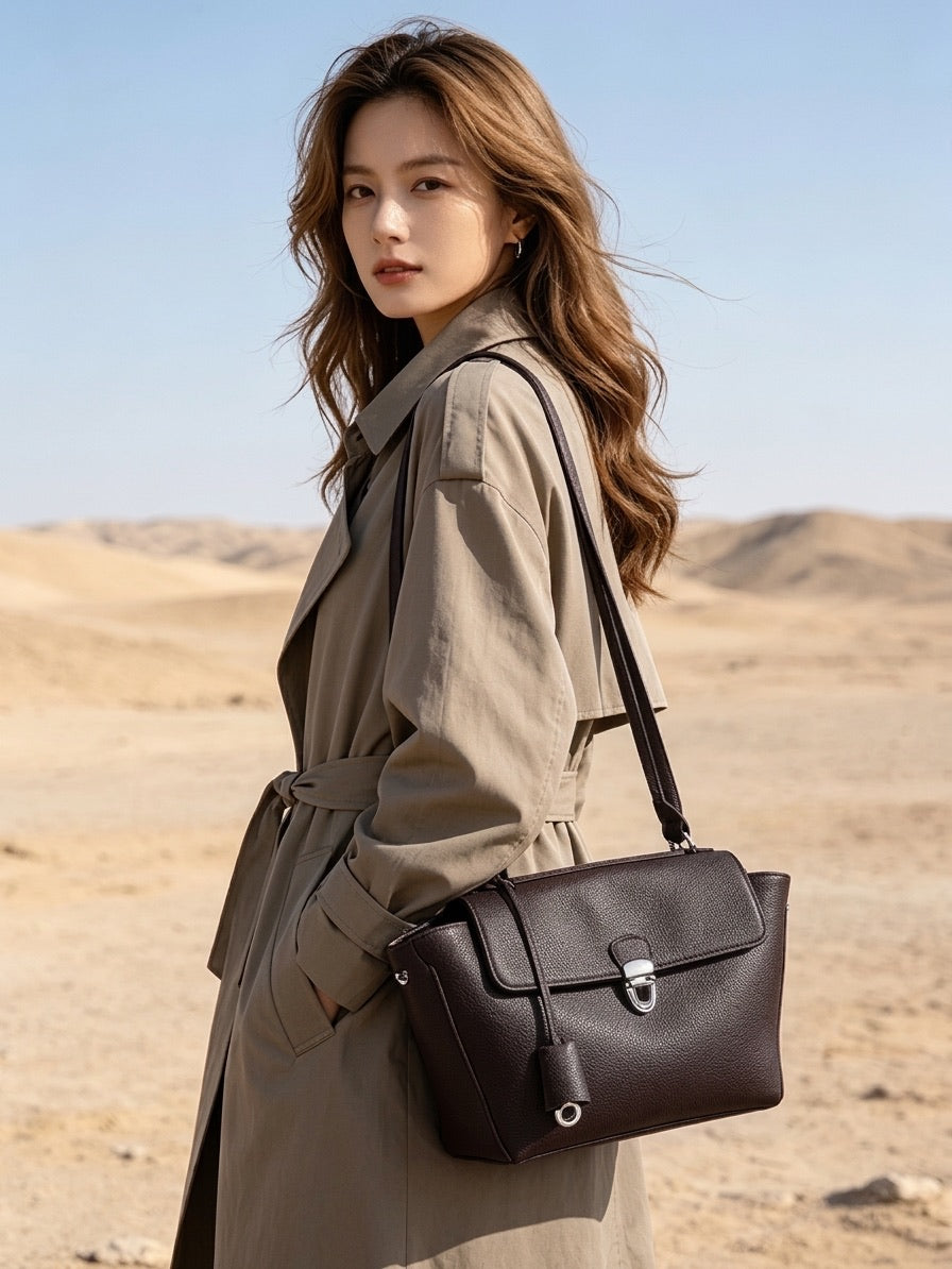 Geantă clutch tote cu clapetă și laterale evazate, din piele naturală granulată, în stil Quiet Luxe