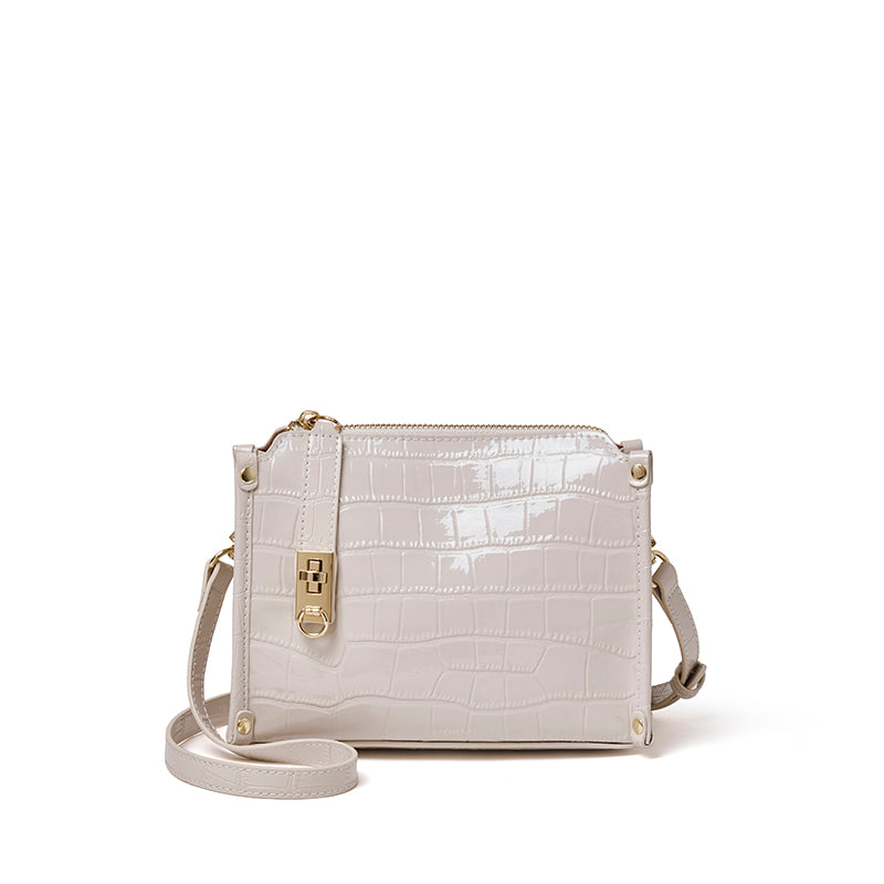 Borsa vintage a spalla e tracolla con manico in vera pelle effetto coccodrillo lucido