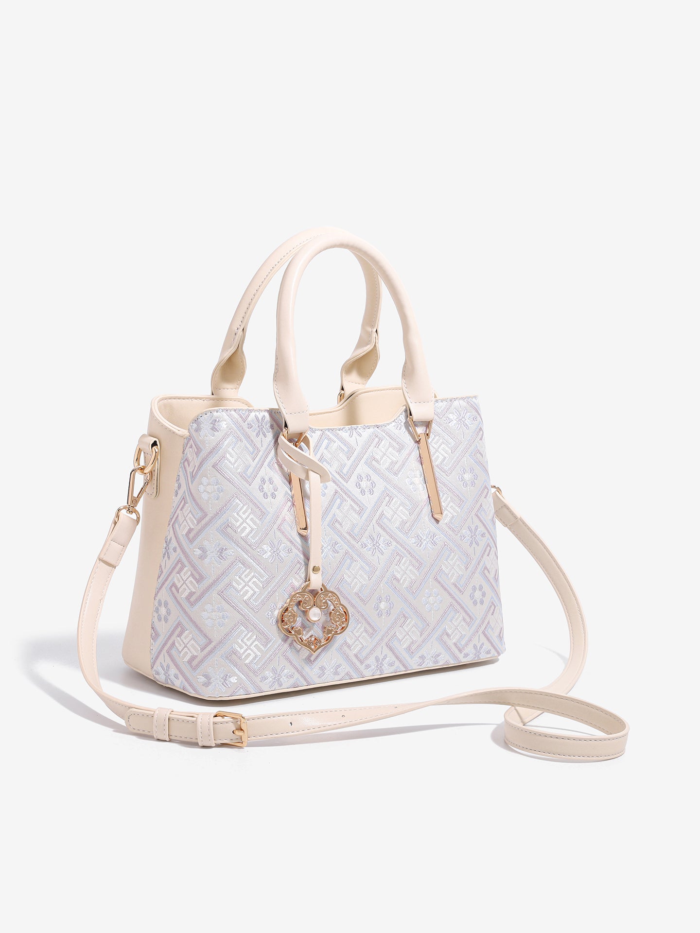 Elegant Jacquard Pattern Vegan Eco-Leather Satchel Clutch Bag with Hollow Lock Charm