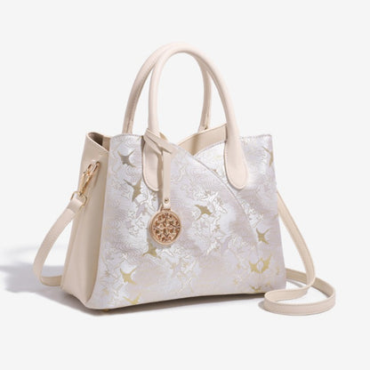 Elegant Flying Crane Motif Vegan Eco-Leather Tote Clutch Bag with Hollow Metal Charm