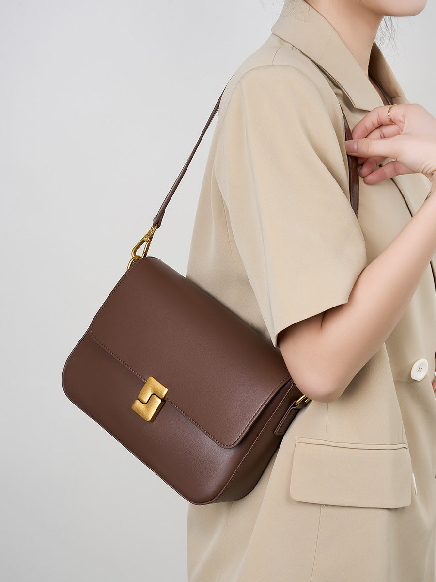 Borsa a tracolla a scatola da pendolare quotidiano in vera pelle da donna