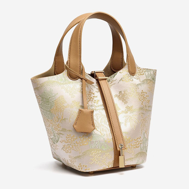 Serene Oriental Garden Genuine Leather Bucket Clutch Bag with Charm