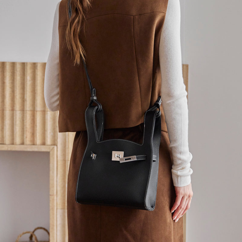 Borsa classica a secchiello chic in vera pelle per tutti i giorni, a tracolla