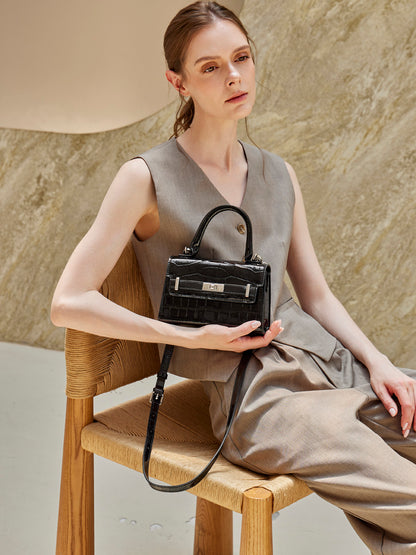 Borsa a tracolla minimalista in vera pelle effetto coccodrillo con manico