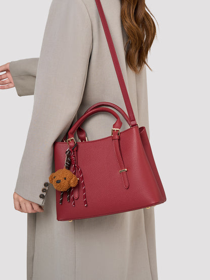 Polished Pebbled Vegan Eco-Leather Tote Clutch Bag With Teddy Charm