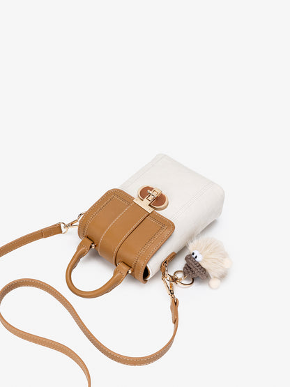Elegant Color-Block Vegan Eco-Leather Clutch Phone Bag with Fluffy Charm