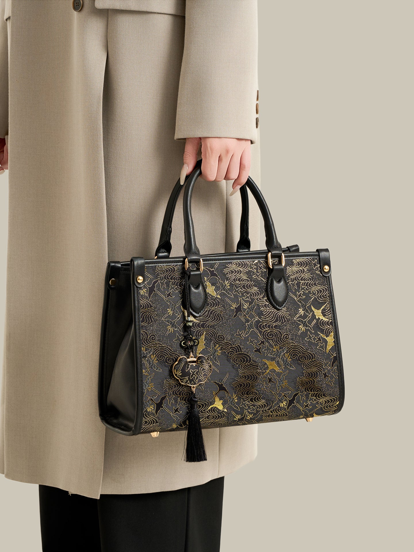 Mystic Crane Motif Vegan Eco-Leather Satchel Clutch Bag
