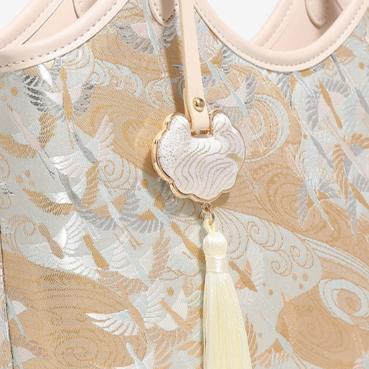 Ethereal Crane Pattern Vegan Eco-Leather Tote Clutch Bag with Tassel Charm